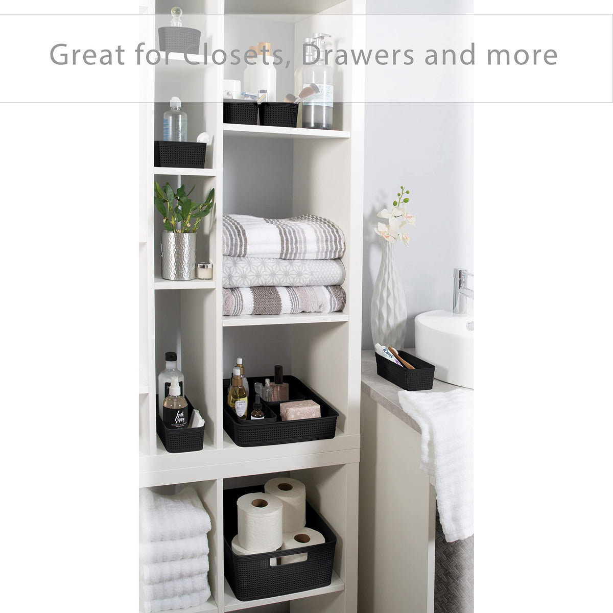 Simplify 10-piece organizing set rectangular baskets store cords and gadgets neatly.