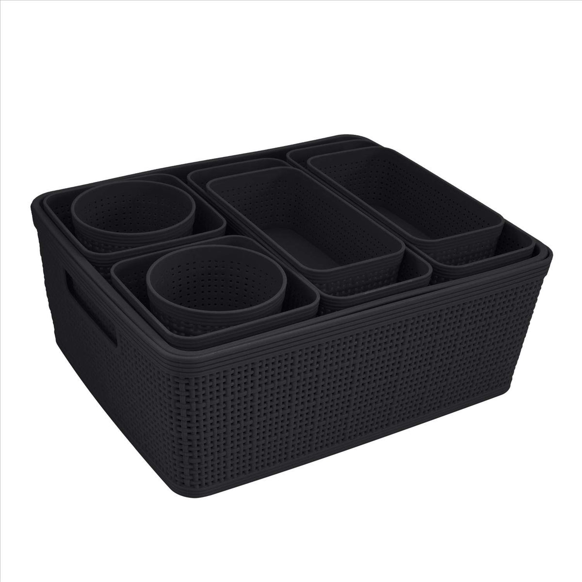 Simplify 10-piece organizing set round baskets offer compact storage for small items.