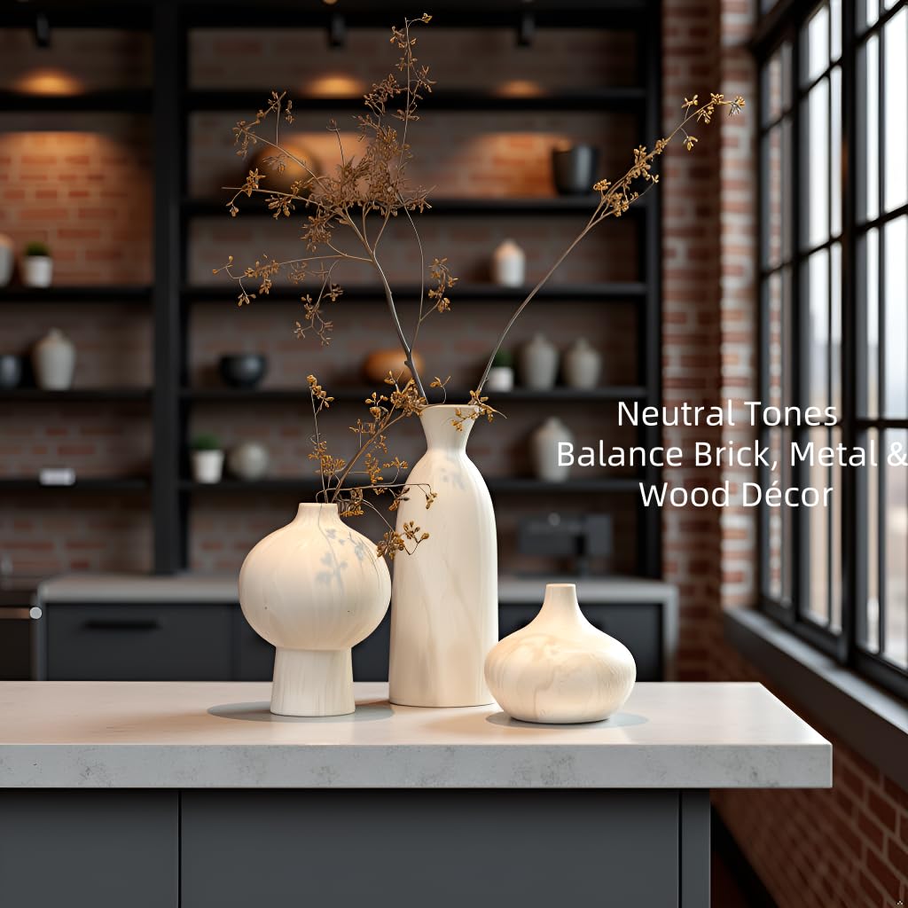 SincereLuxe beige stone-look vases on shelf with warm tones.