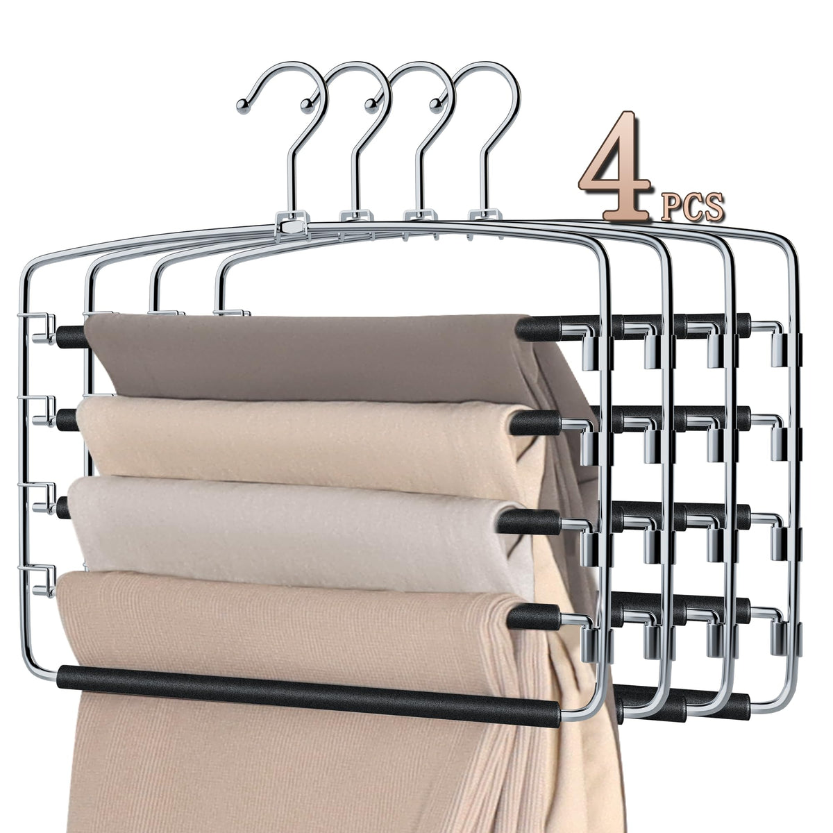 Sindax pants hanger 4pack 5-tier maximizes closet space for trousers and jeans.