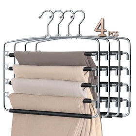 Sindax pants hanger 4pack 5-tier maximizes closet space for trousers and jeans.