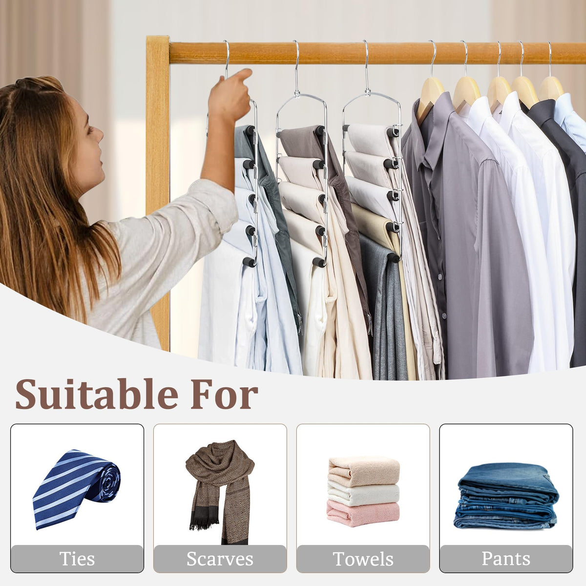 Sindax versatile hanger stores jeans, ties, towels, and scarves neatly.