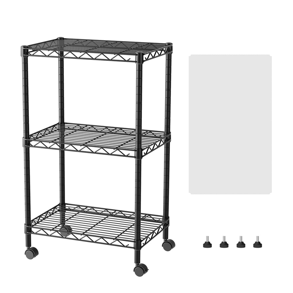 SINGAYE 3-shelf black wire shelving unit front view for compact bathroom storage.
