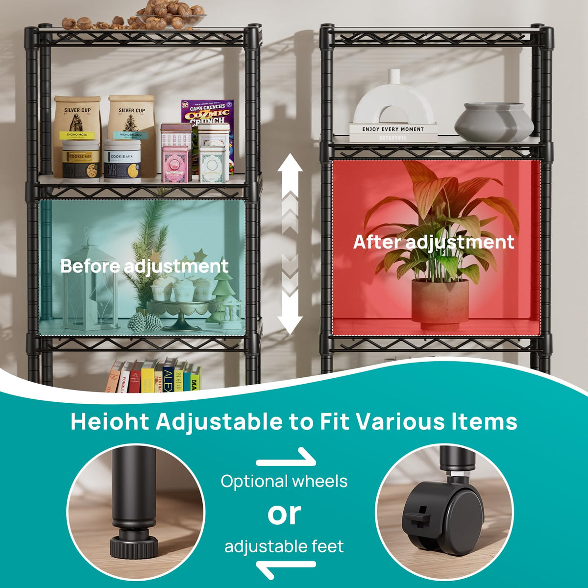 SINGAYE 4-shelf adjustable shelves adapt to tall bottles and varied items.