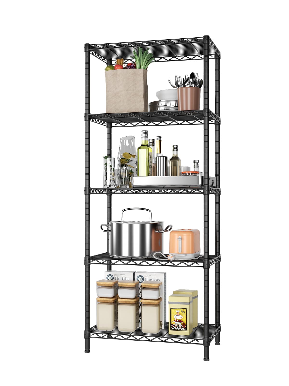 SINGAYE 5-tier shelving unit front view showing sturdy metal construction for durable storage.