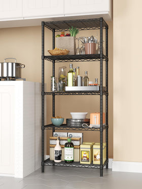 SINGAYE 5-tier shelving unit side view highlighting slim footprint for tight corners.