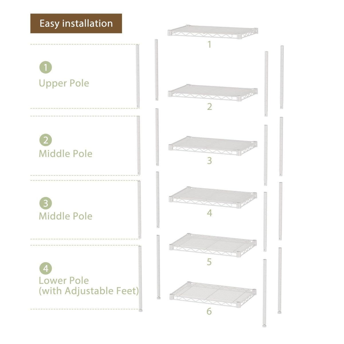 SINGAYE 6-shelf storage shelf with ground-leveling feet for stable placement on uneven floors