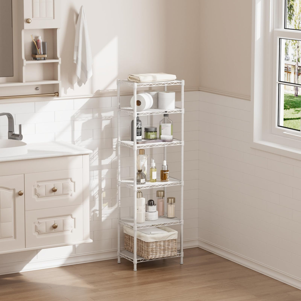SINGAYE 6-shelf storage shelf in laundry/bathroom organization setup