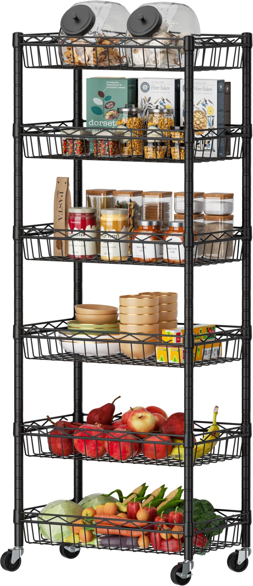 SINGAYE 6-tier shelf front view with wire baskets for organized storage.