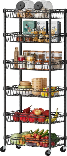SINGAYE 6-tier shelf front view with wire baskets for organized storage.
