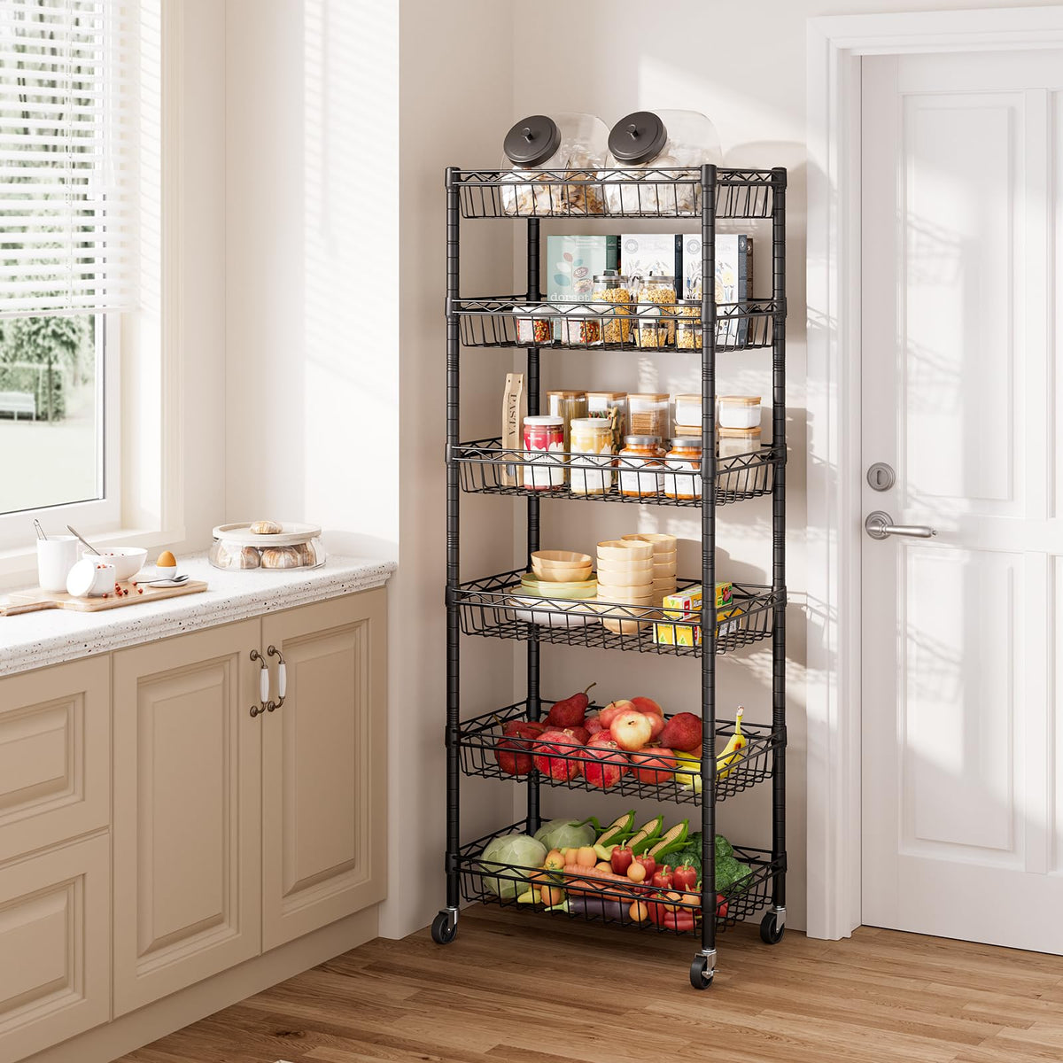 SINGAYE 6-tier shelf mobility wheels enable easy moving.