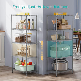 Adjustable shelves maximize space for tools, cans, and bins