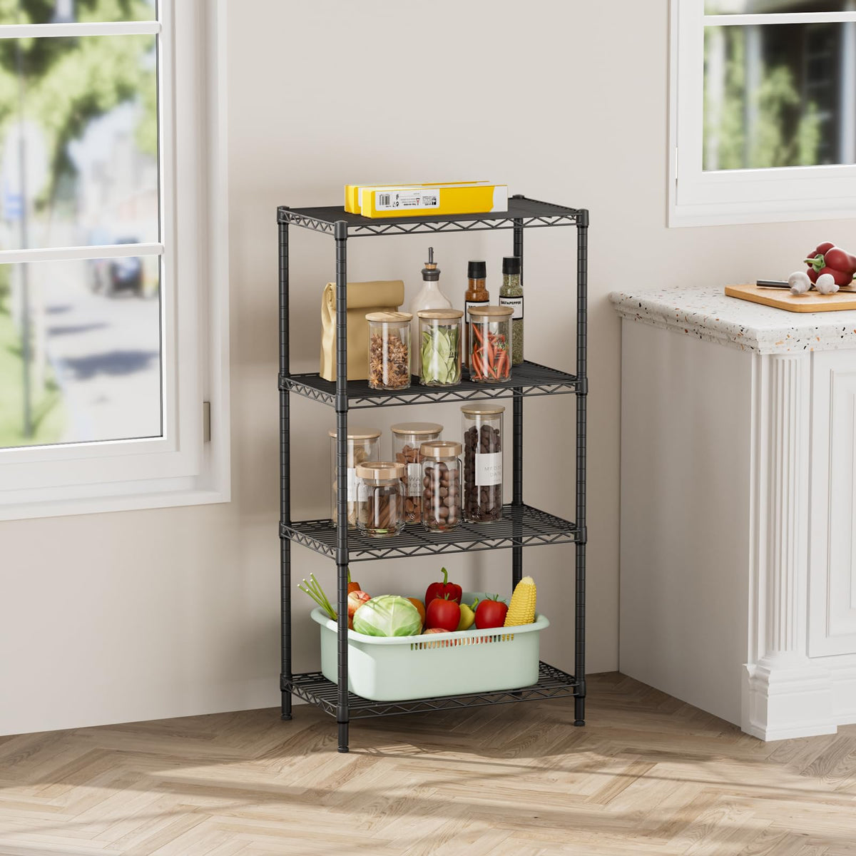 SINGAYE four-tier shelving unit side view in a garage