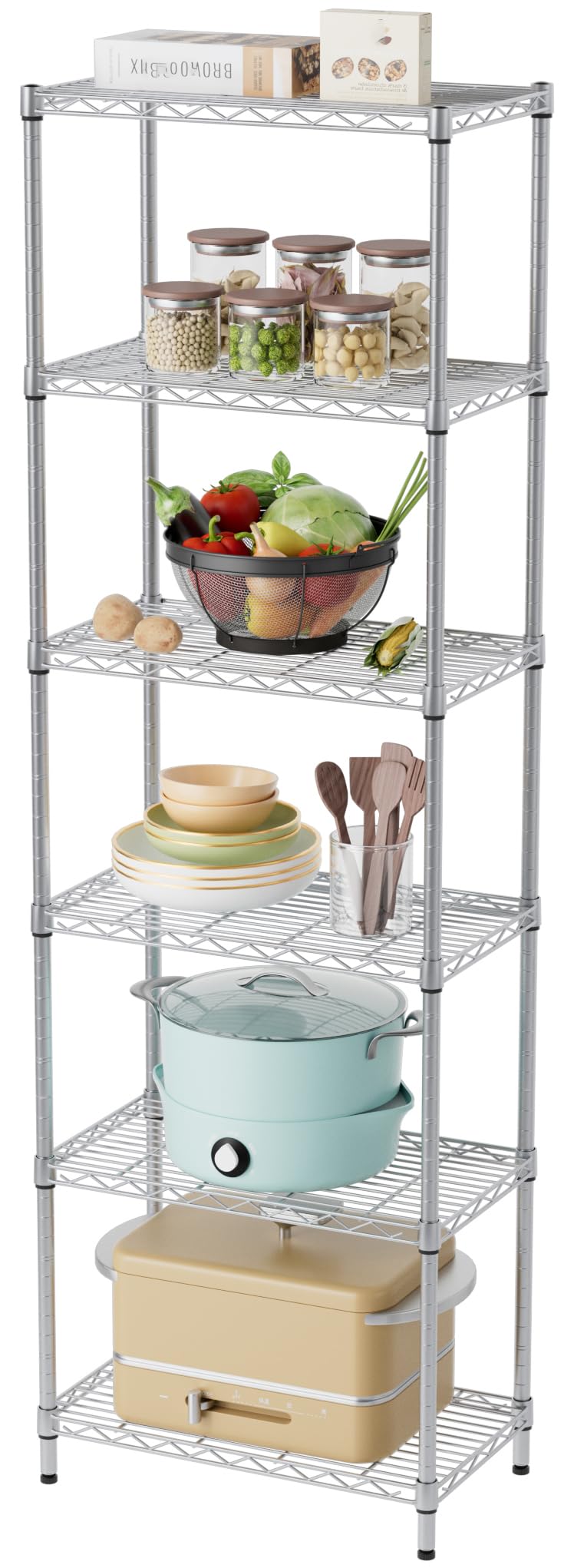 SINGAYE 6-shelf unit ideal for kitchens, bathrooms, laundry, and garages.