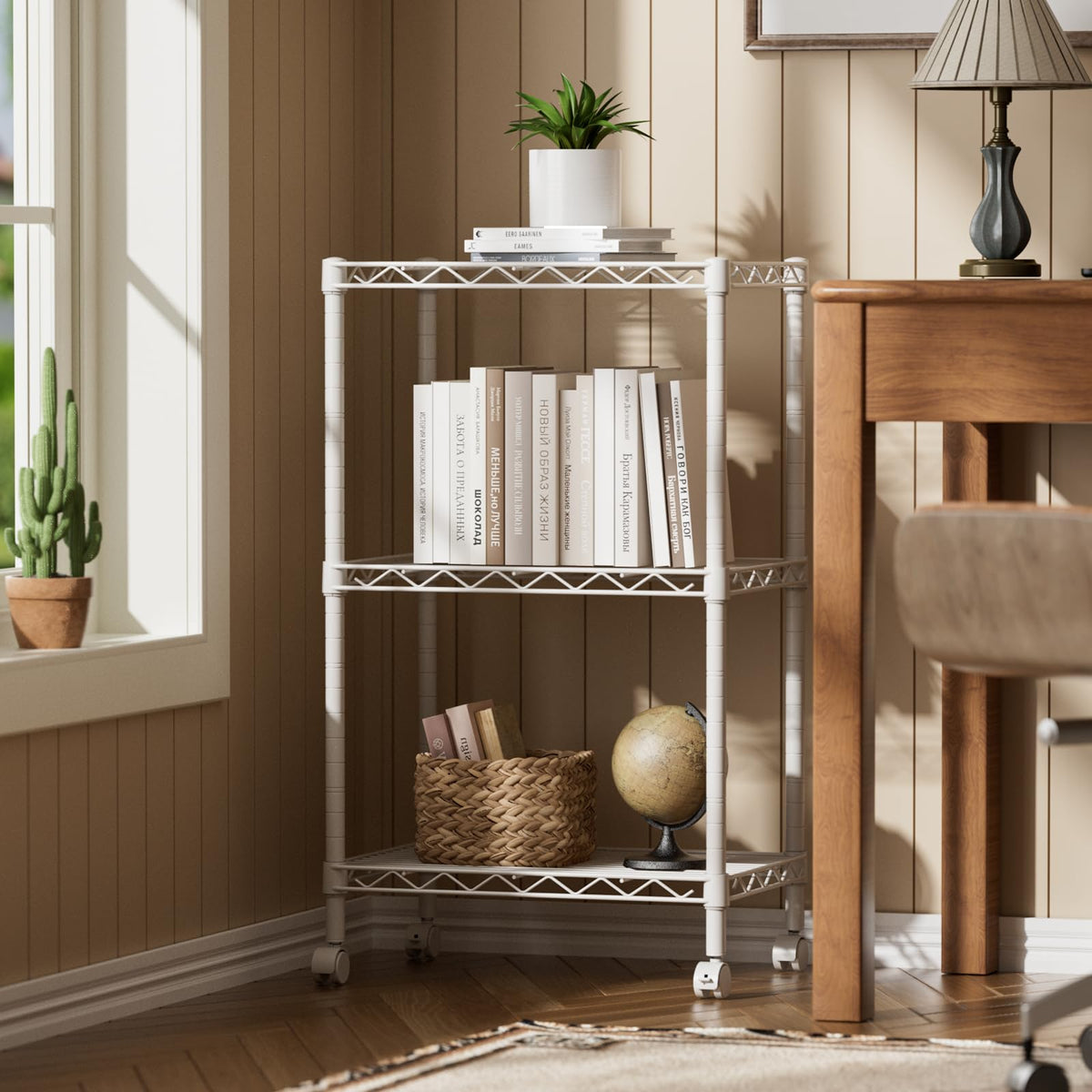 SINGAYE pantry storage on wire shelves keeps items organized.