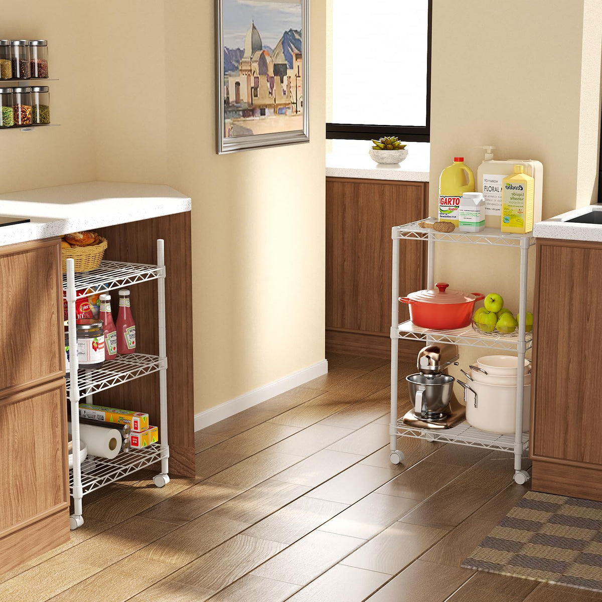 Stable leveling feet on the SINGAYE shelf ensure balance on uneven floors.