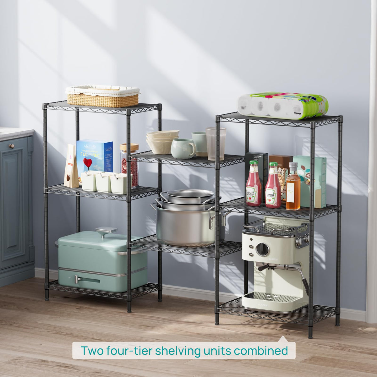 SINGAYE wire shelves close-up showing carbon steel frame durability
