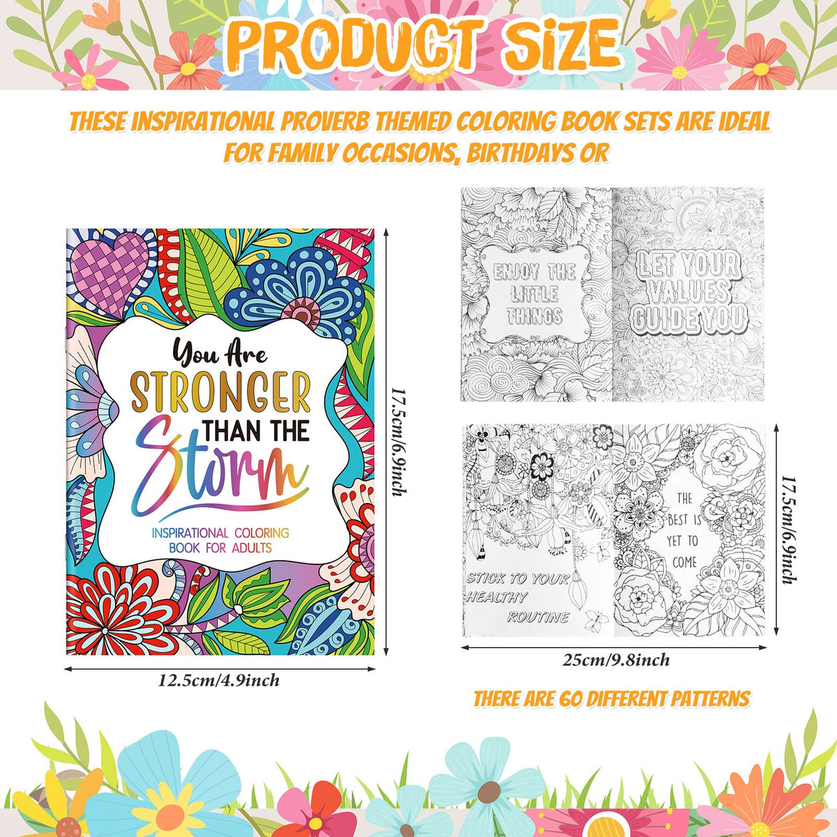 Inside pages show flower designs and inspirational words for creative coloring sessions.