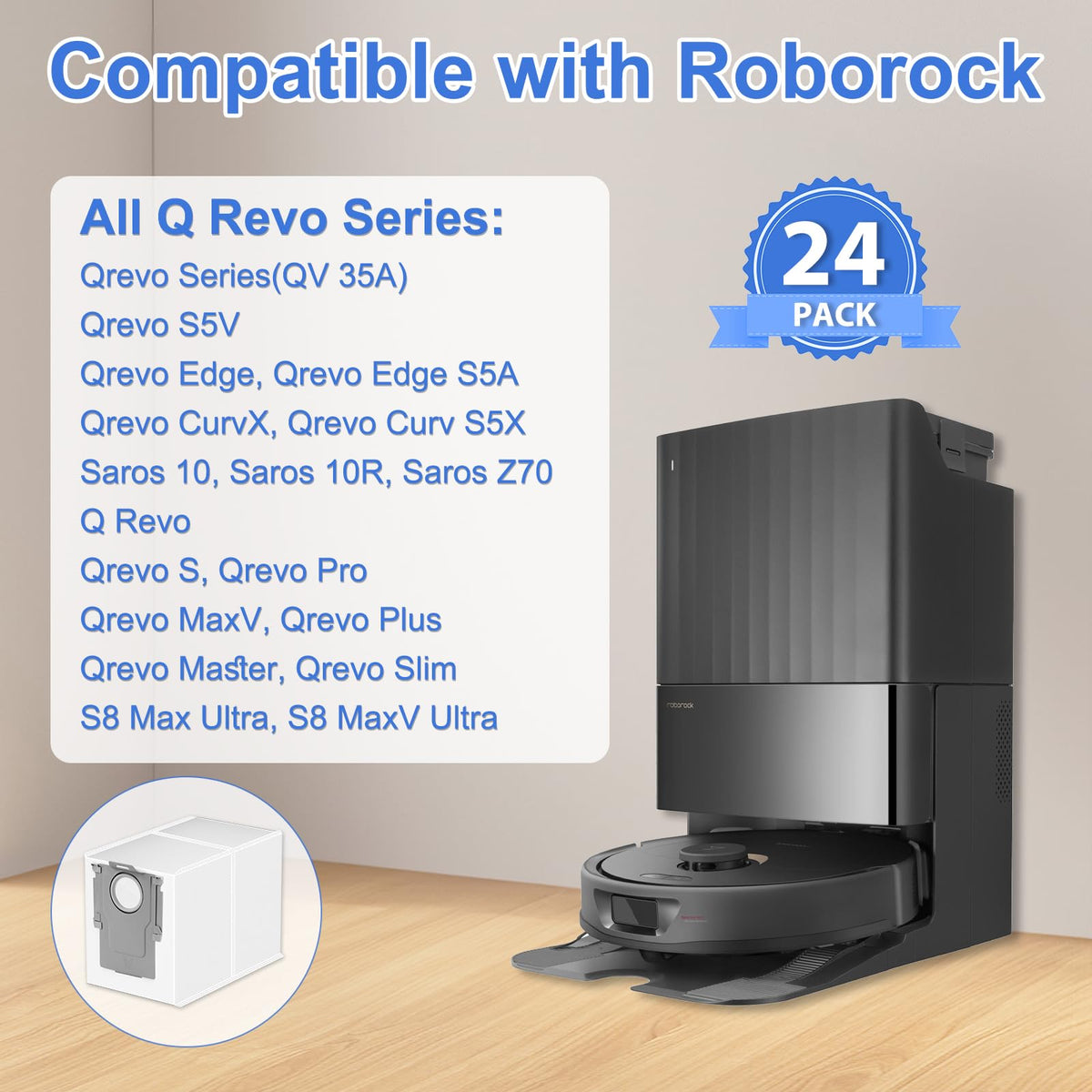 Sinnya dust bags for Roborock QV 35A contain dust securely for cleaner operation.