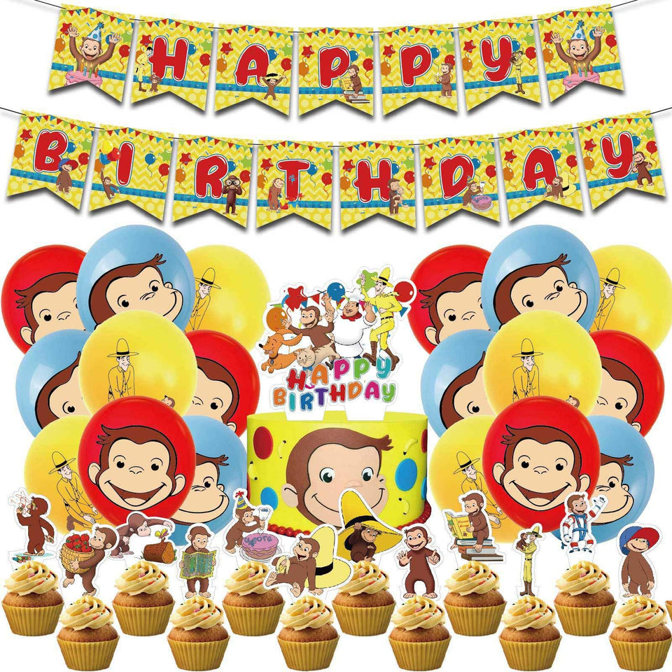 Sinrier Curious George banner creates a festive backdrop for a playful birthday.