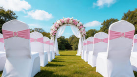 SINSSOWL banquet chair decor setup pink sashes enhances venue aesthetics