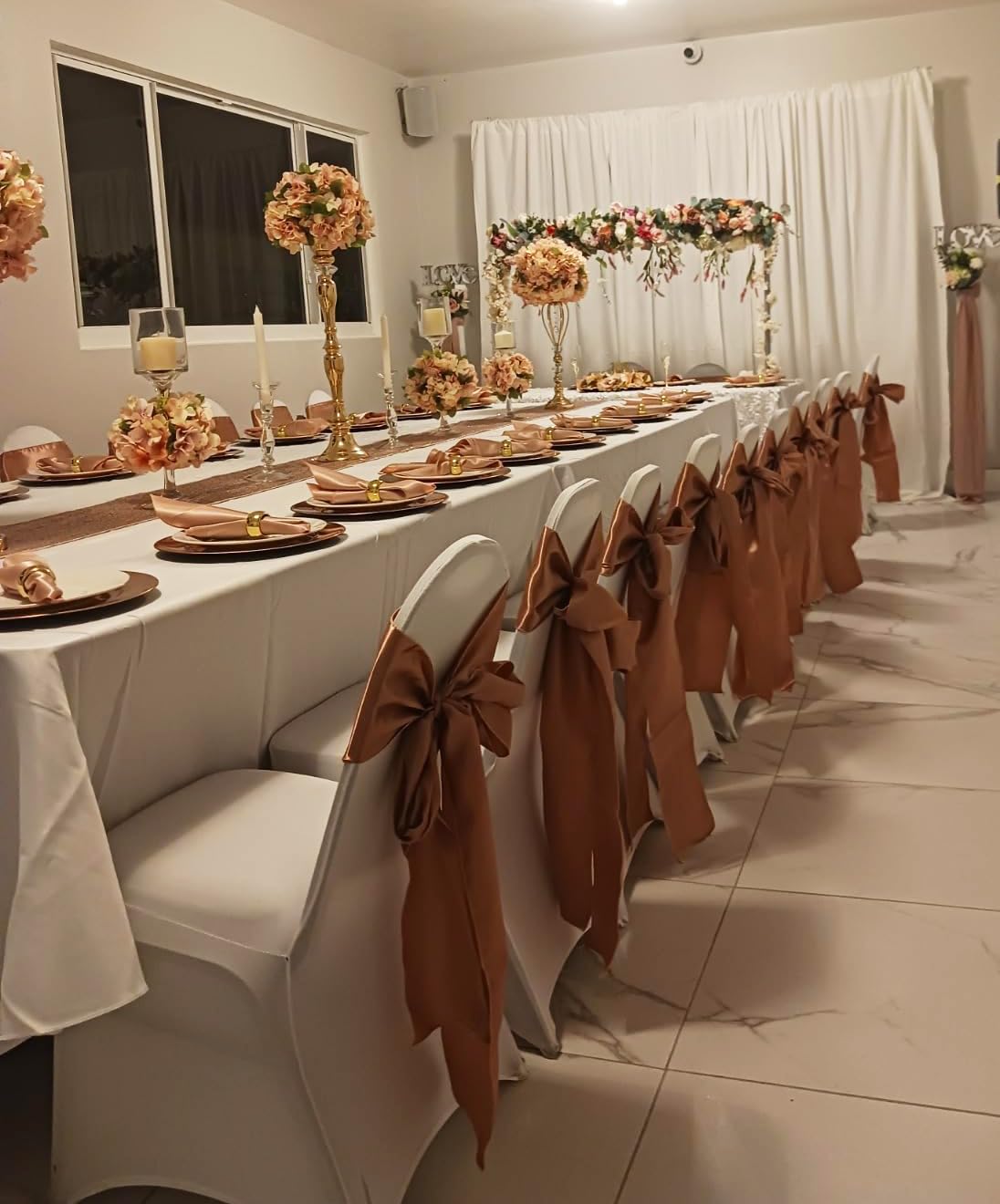 Banquet hall decor using SINSSOWL sashes to unify the look.