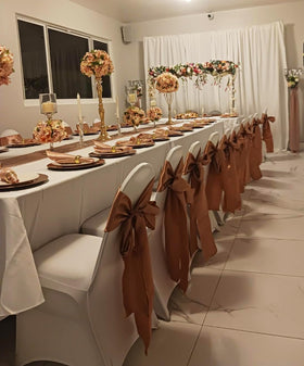 Banquet hall decor using SINSSOWL sashes to unify the look.