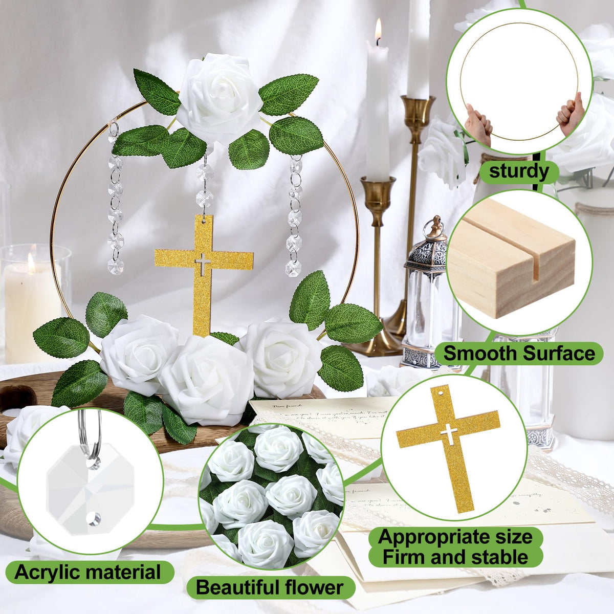 Sintuff wooden holder stand demonstrating stable support for centerpiece assembly.
