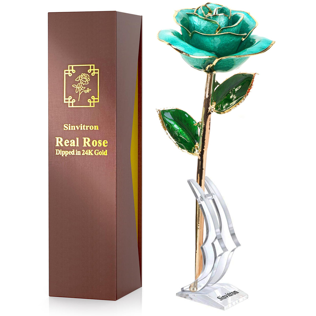 Sinvitron gold dipped rose on a stand for elegant display and lasting romance