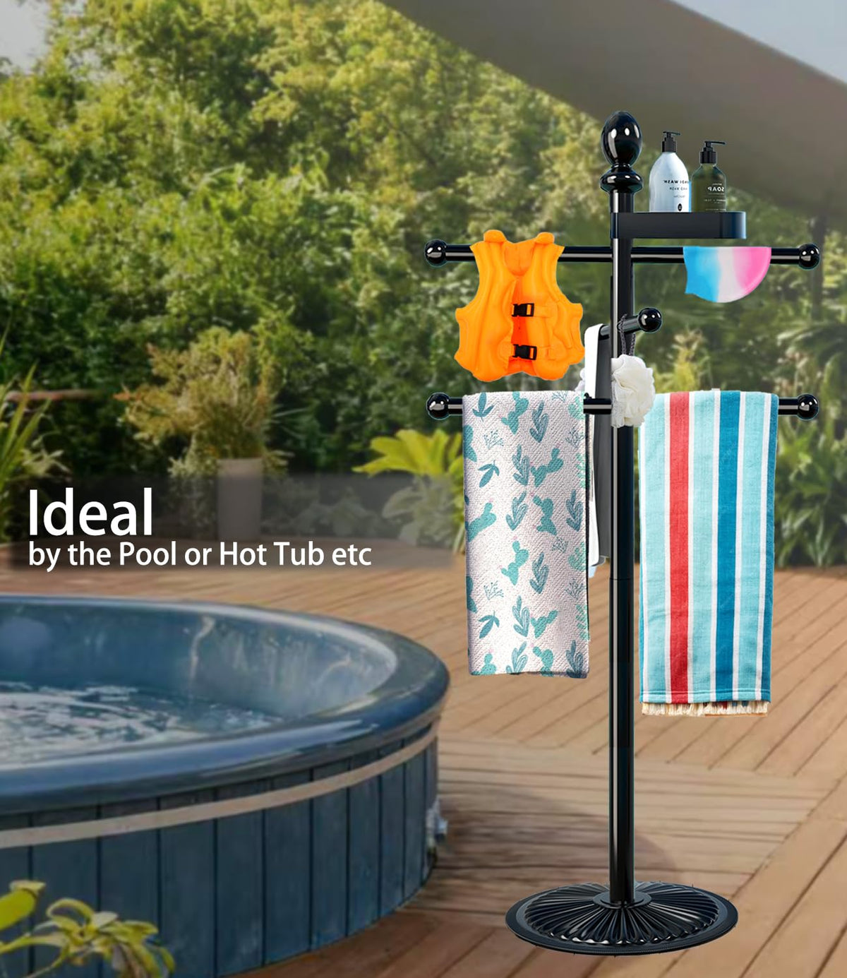 Sinyzope outdoor spa towel rack assembled beside pool or hot tub for guests.