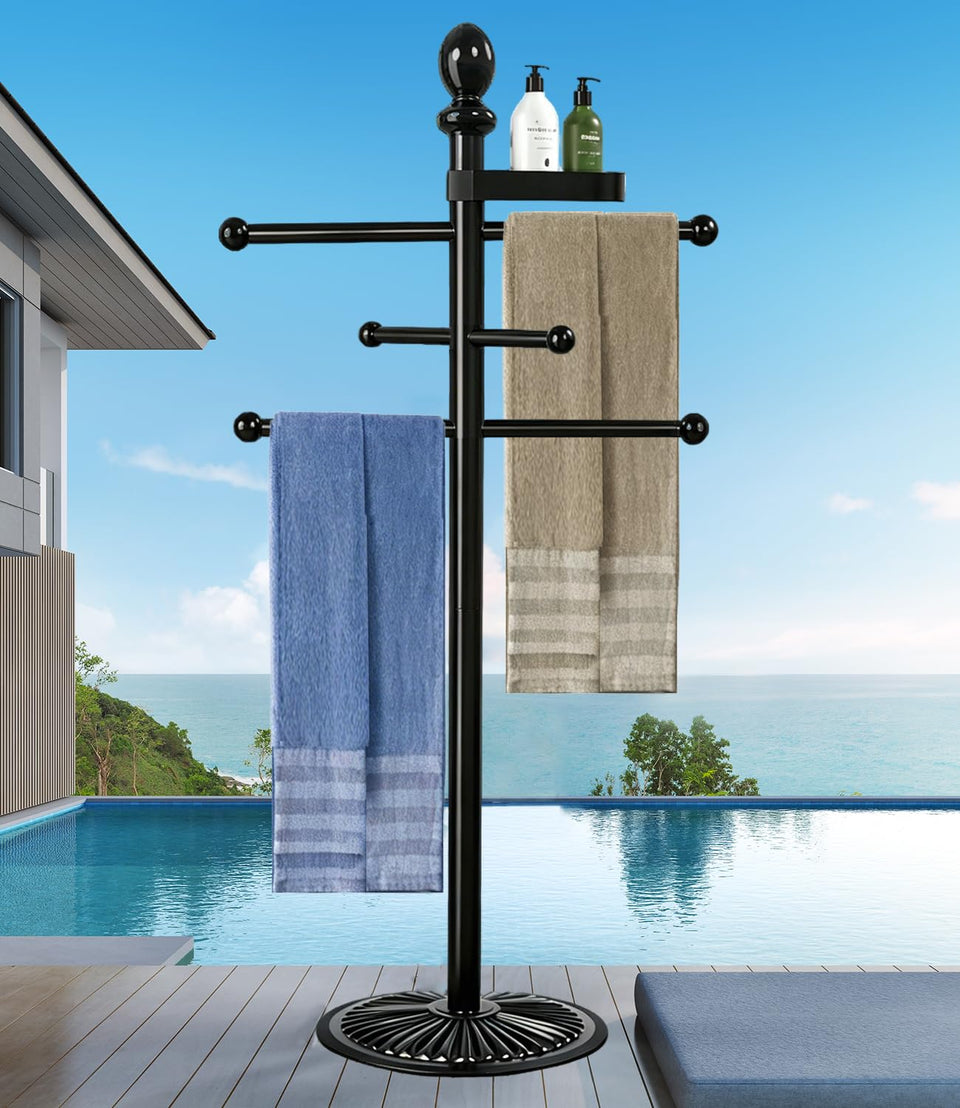 Sinyzope pool towel rack with six bars keeps towels organized and ready.