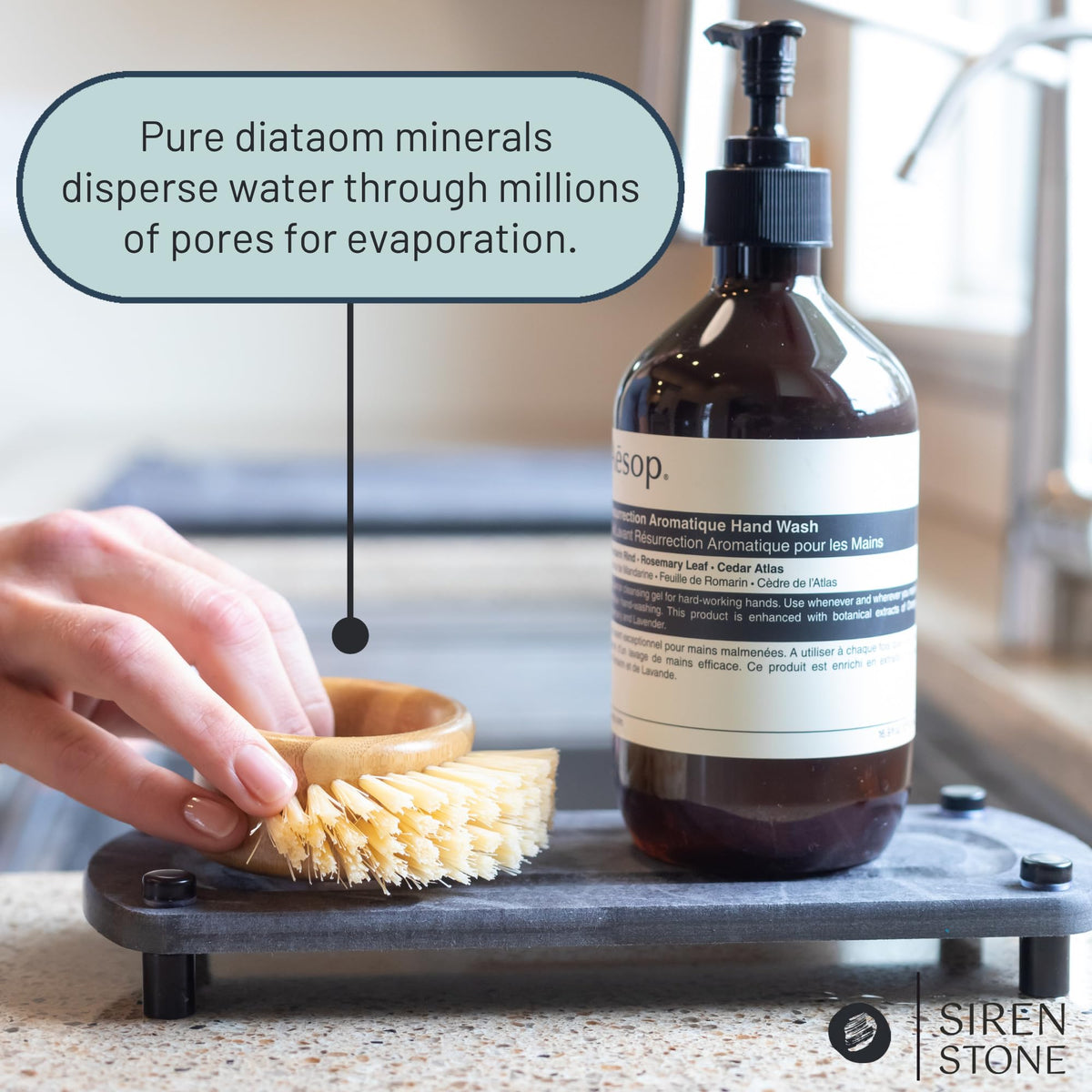 Siren Stone sink caddy absorbs water up to 150% of its weight