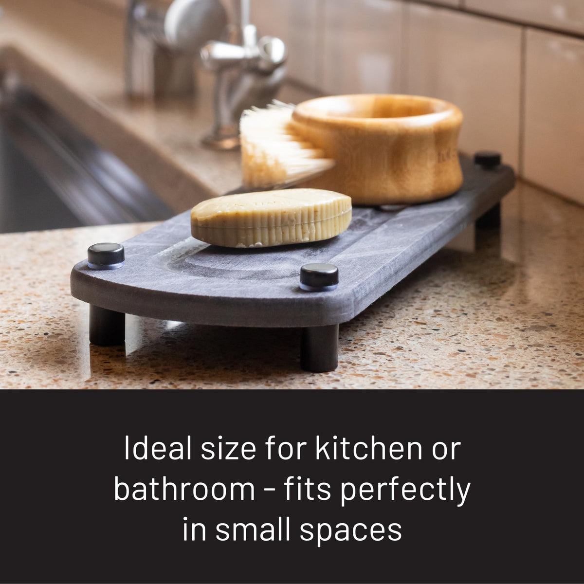 Siren Stone caddy suits kitchen or bathroom spaces with a sleek dark slate finish