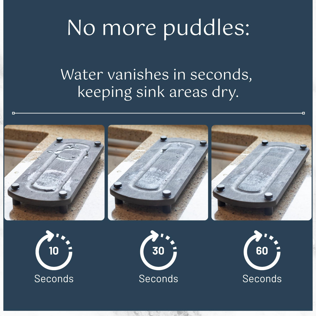 Siren Stone sink caddy features stainless steel feet for steady placement on counters