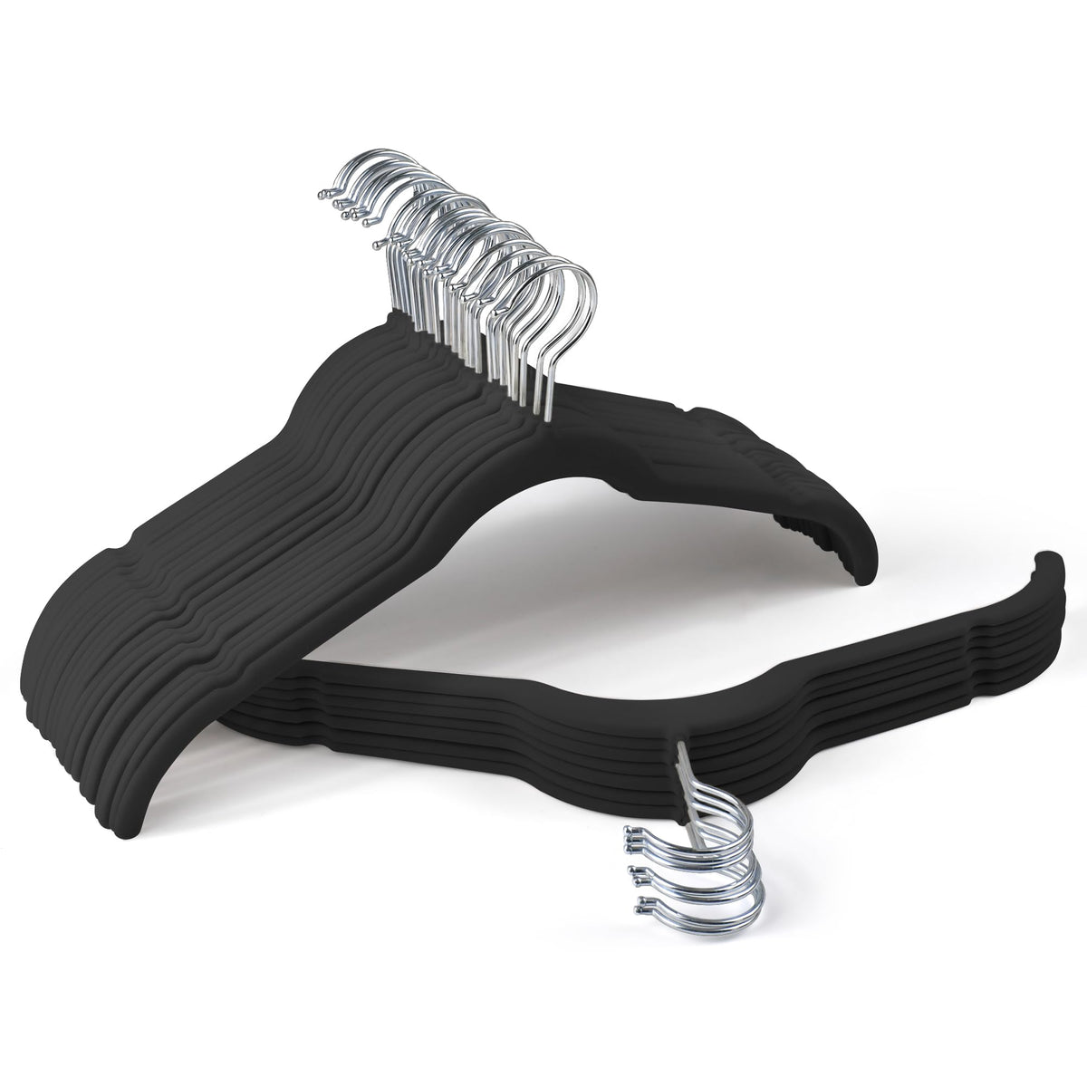 Sishynio velvet hangers with a black finish securely grip shirts.