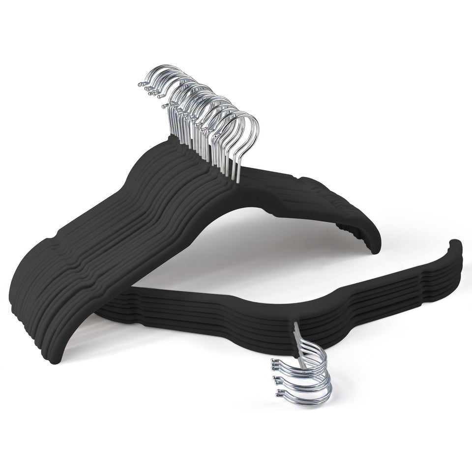 Sishynio velvet hangers with a black finish securely grip shirts.
