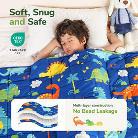 Sivio soft microfiber weighted blanket in blue dinosaur print for gentle, skin-friendly comfort.