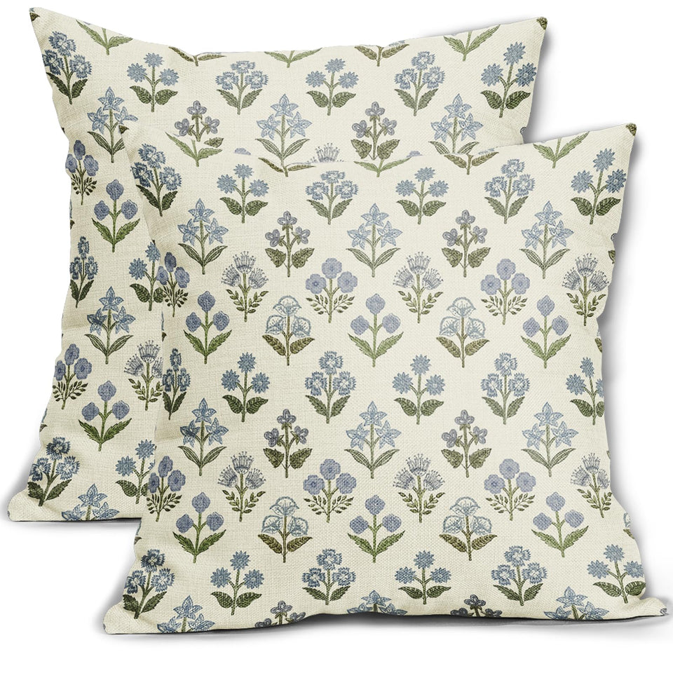 Sivirary blue green block print pillow cover front view for rustic living rooms
