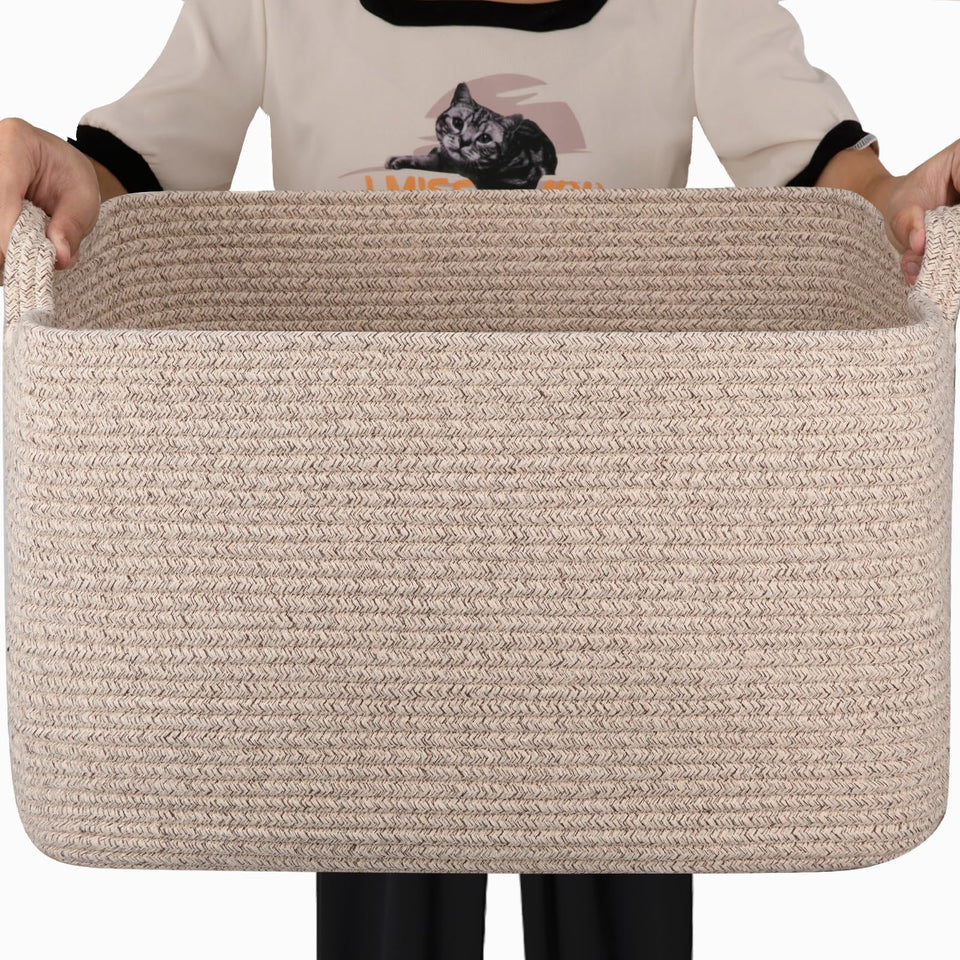 SIXDOVE 65L cotton rope basket folded, ideal for space-saving blanket storage.