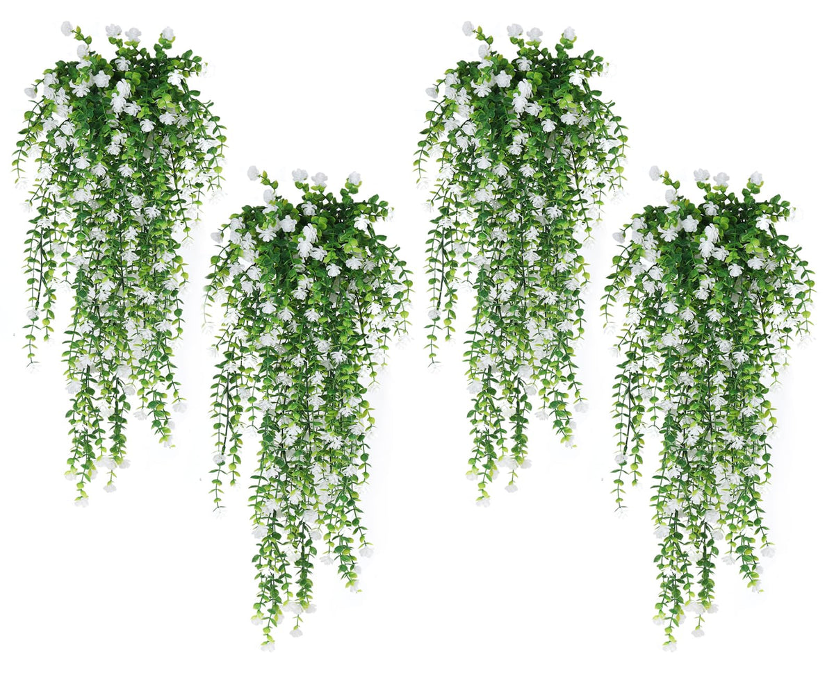 SJL 4-pack hanging plants with outdoor ivy vines on white backdrop for walls.
