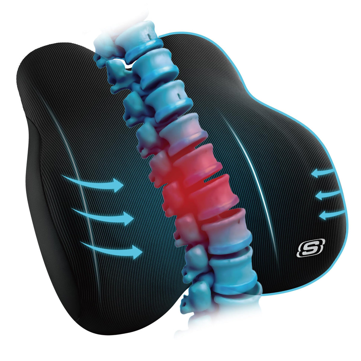 Skechers Memory Foam Lumbar Pillow front view showing ergonomic back support