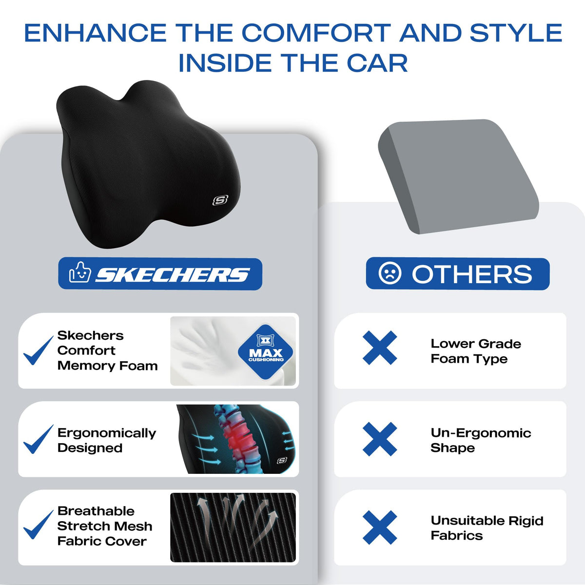 Skechers Memory Foam Lumbar Pillow with adjustable strap secured on chair