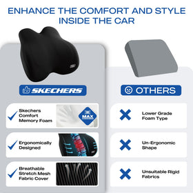 Skechers Memory Foam Lumbar Pillow with adjustable strap secured on chair