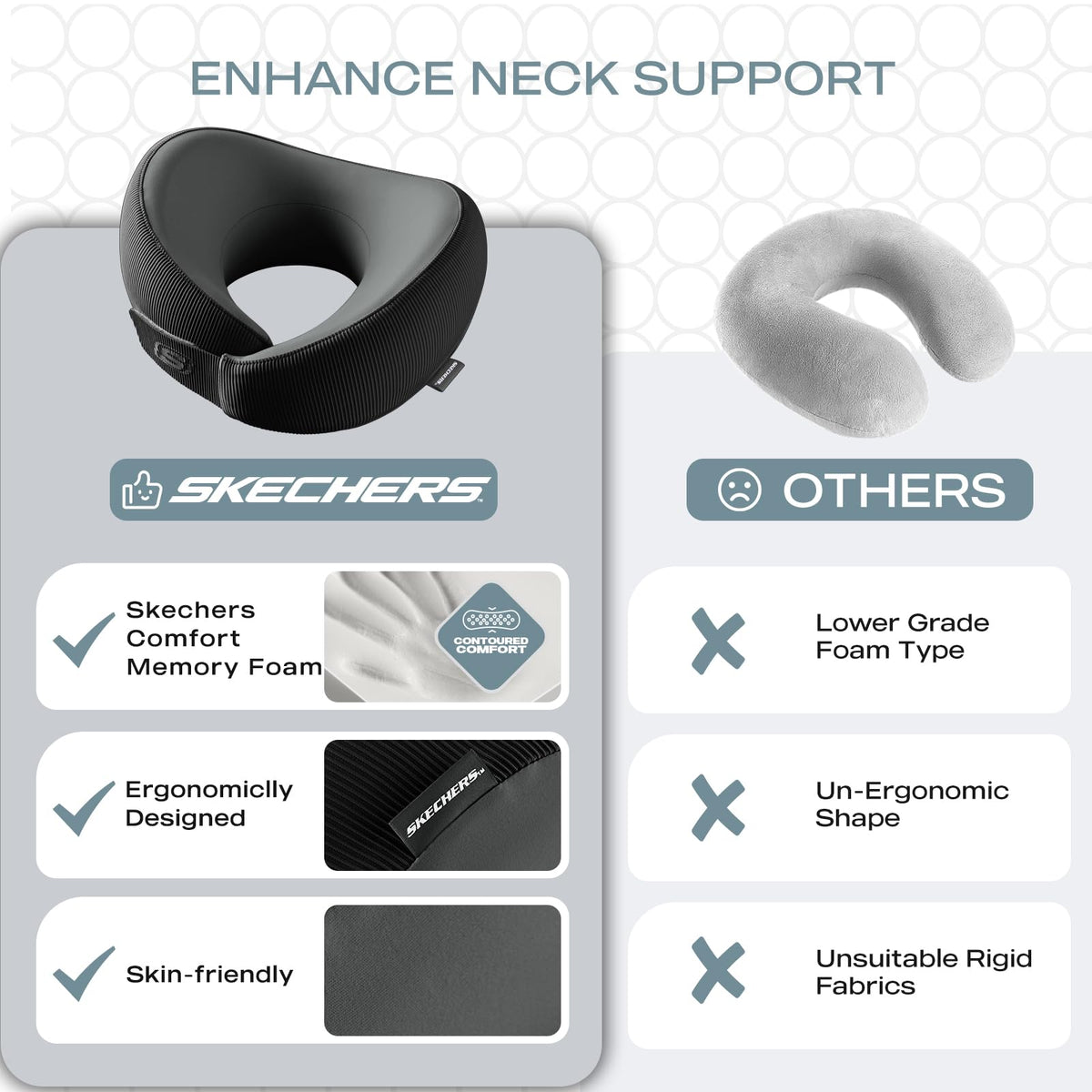 Skechers memory foam neck pillow supports home and office comfort.
