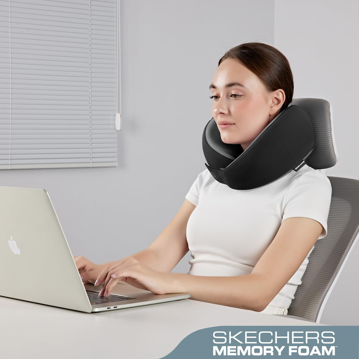 Plane use with Skechers memory foam neck pillow supports posture.