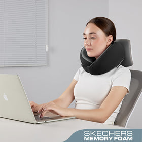 Plane use with Skechers memory foam neck pillow supports posture.