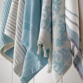 Air-dried Mirage Fringe towel in aqua highlighting lightweight absorbency