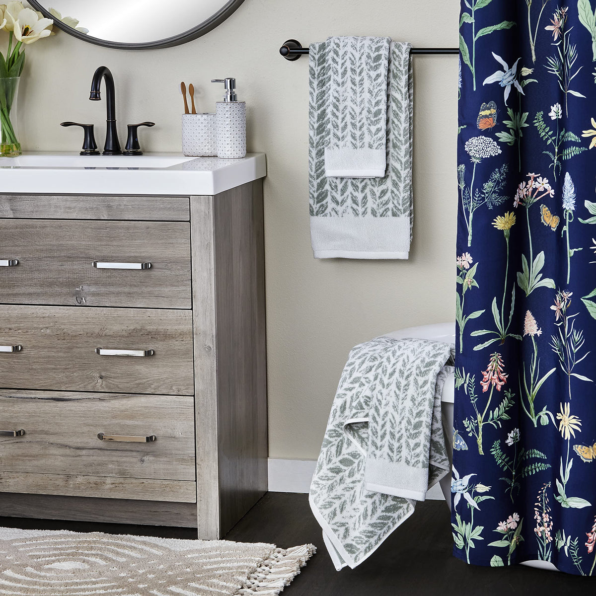 SKL Home Distressed Leaves hand towel is machine washable for easy care