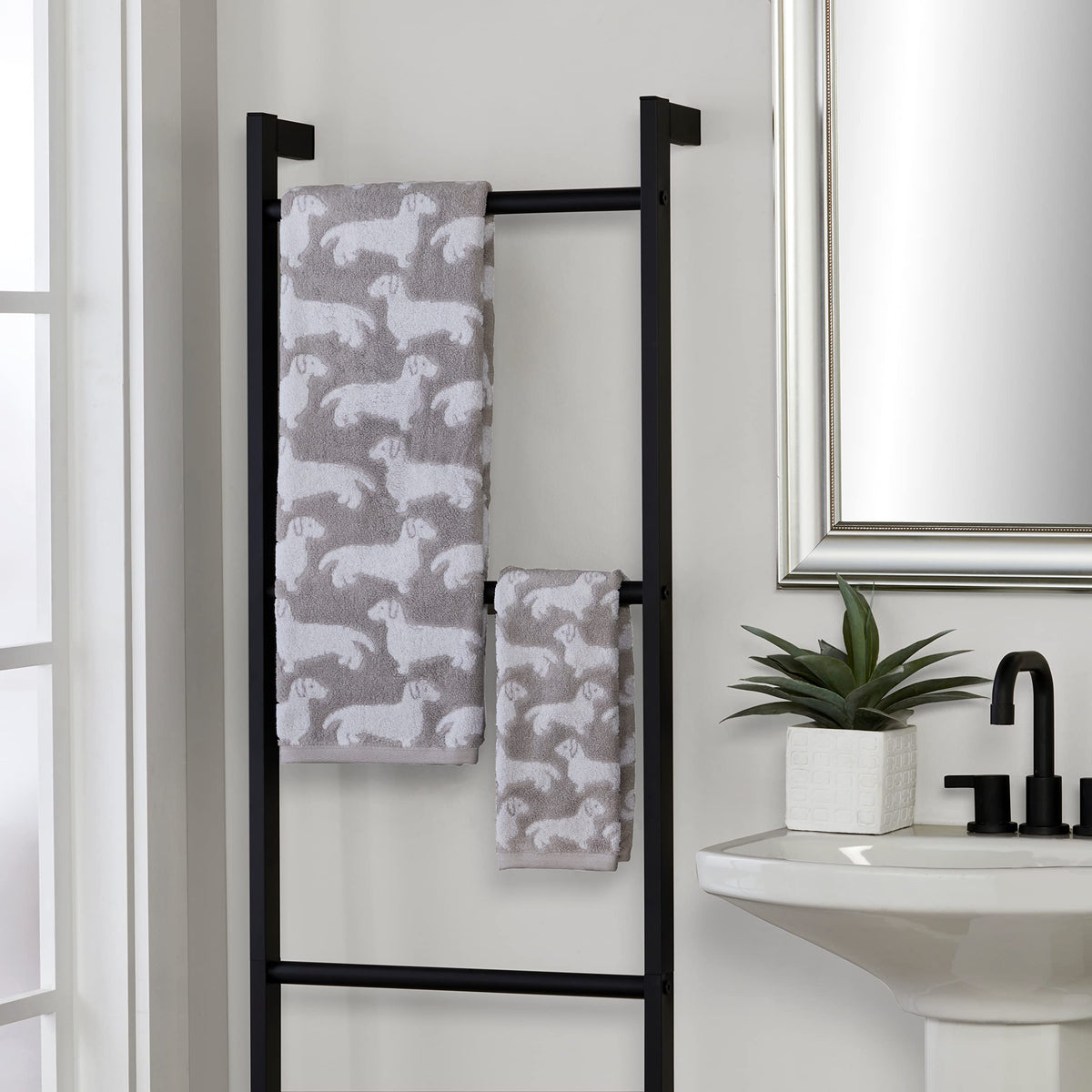 Gray and white SKL Home design adds decor charm to bath