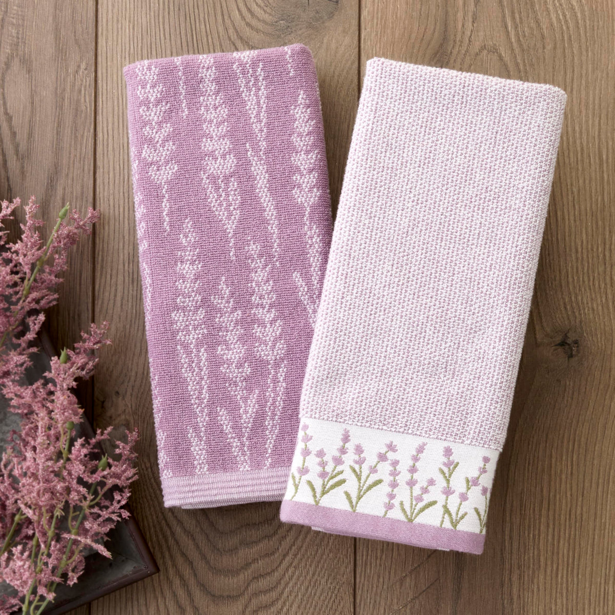 Gift-ready SKL Home lavender towels with decorative border